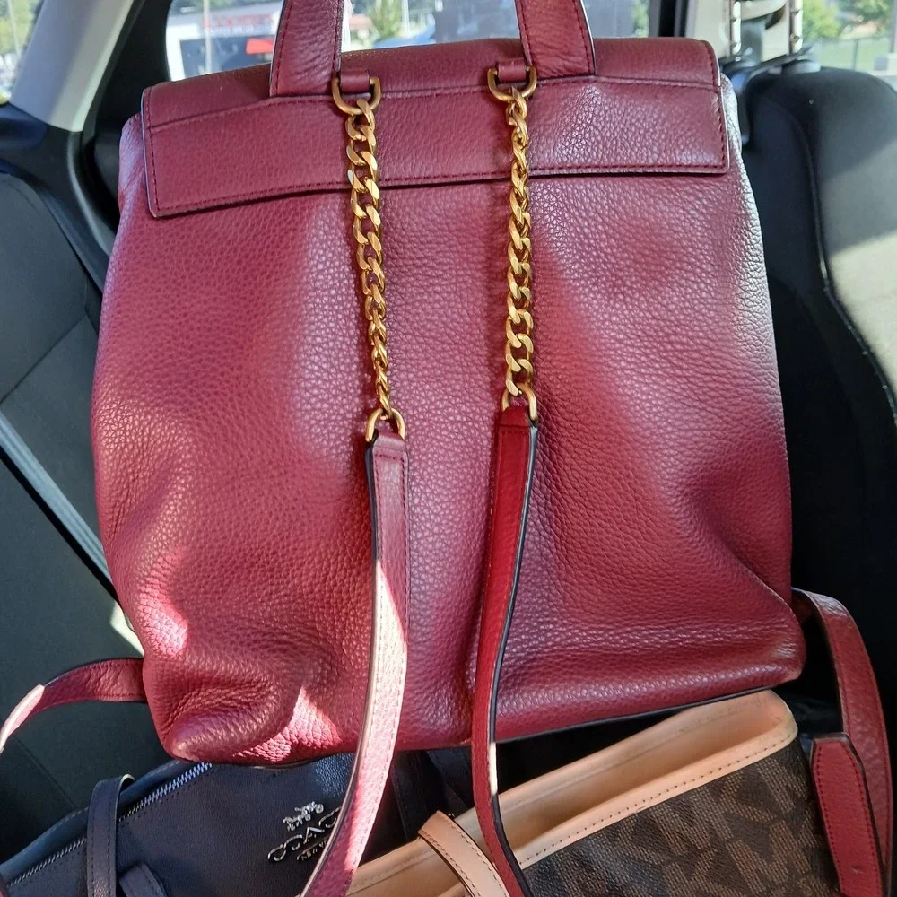 Tory Burch Chelsea Backpack Purse Burgundy Pebbled Leather Gold Hardware